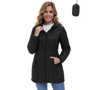 Packable Puffer Jacket Water-Resistant Hooded Mid-Length Slim Fit Winter Coat